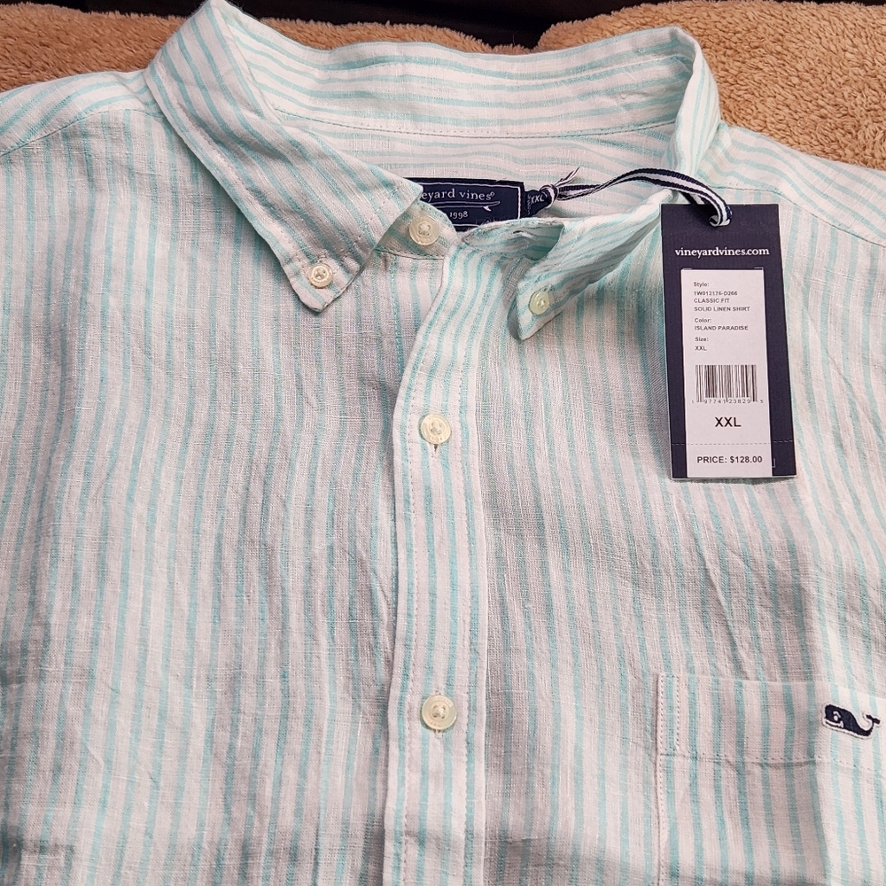 Vineyard Vines NWT LS 100% Linen Men's Green Striped Shirt Size XXL